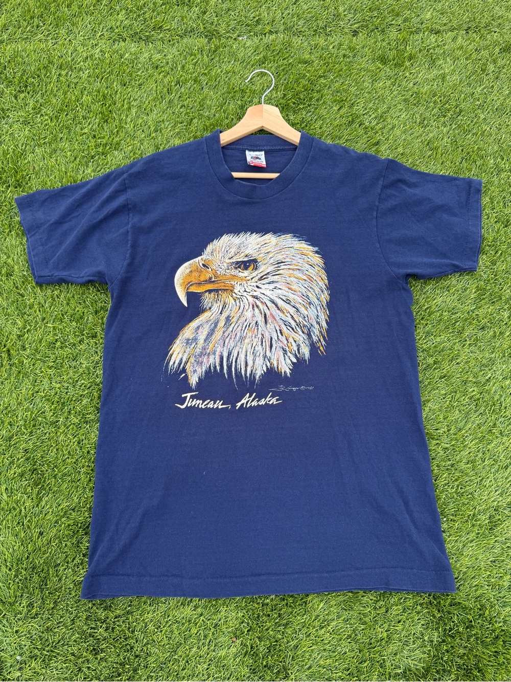 Vtg 1987 Navy Eagle Single Stitch Graphic Tee - Juneau Alaska Size L